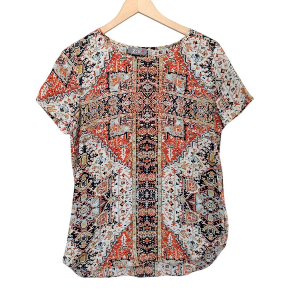 Zoe Flowy Top Womens Multicolor Short Sleeve Side Slit Pullover Blouse Size M